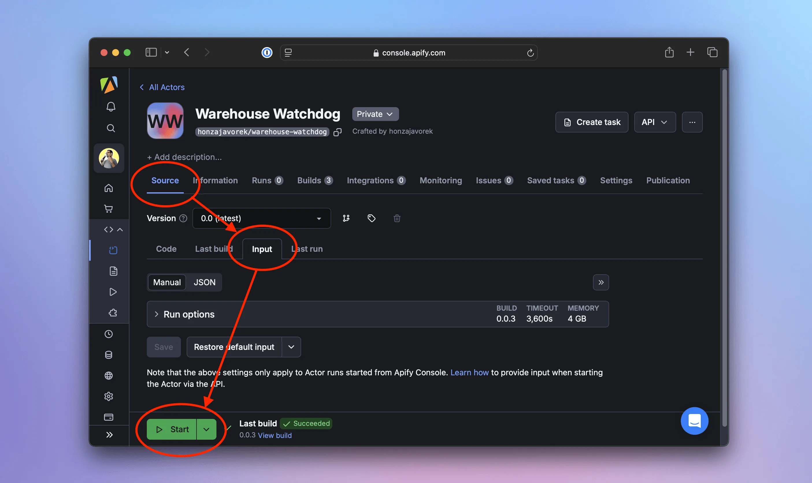 Actor's detail page, screen Source, tab Input